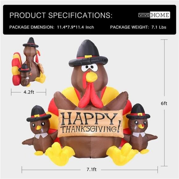 6ft Height Happy Thanksgiving Inflatable LED Lighted Turkey Family - Picture 6 of 7